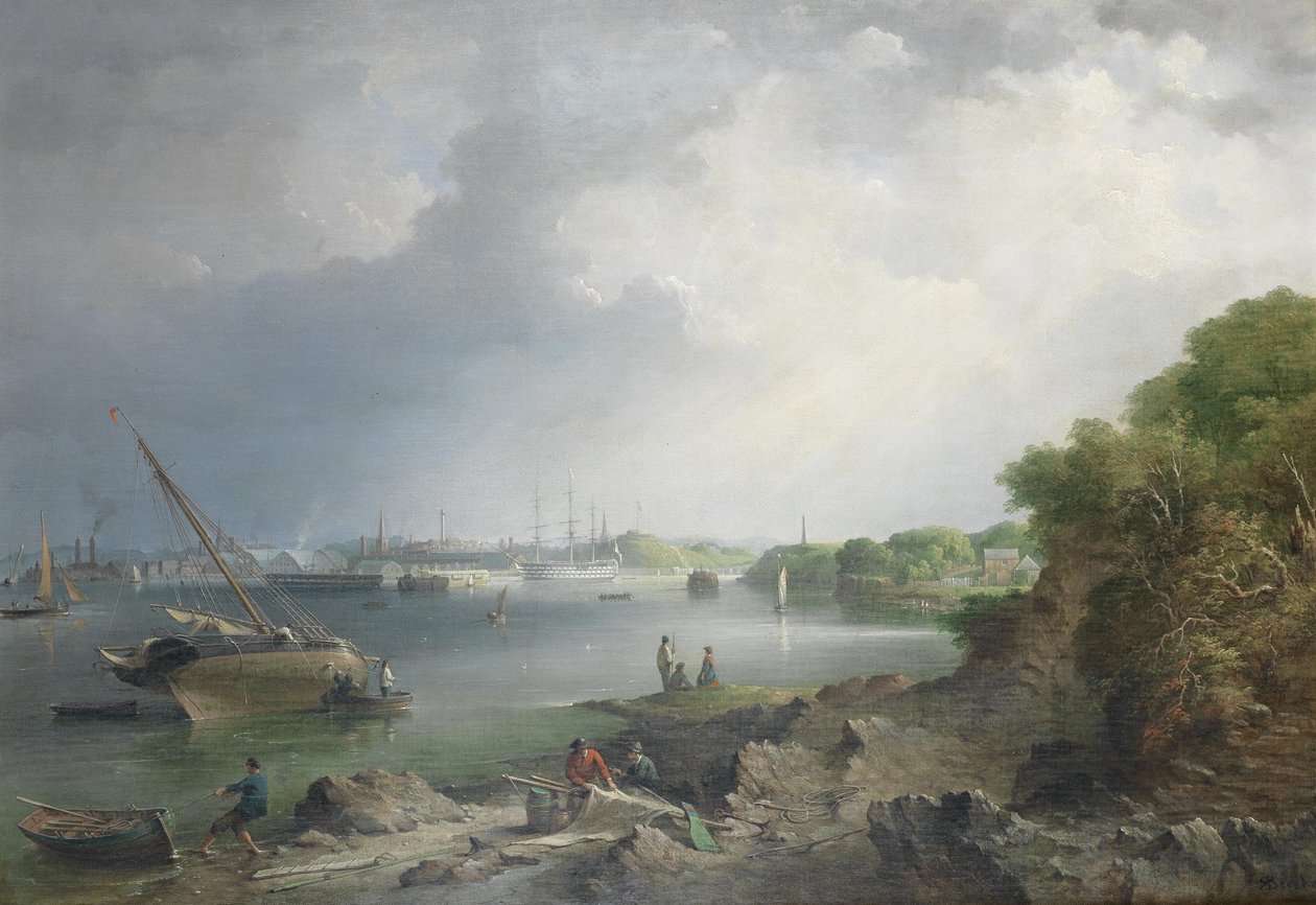 En utsikt over Hamoaze mot de dekkede skliene og bygningene til marinedården ved Devonport av Richard Brydges Beechey