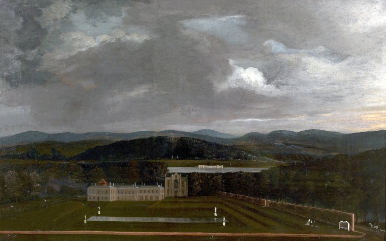 East View of Newstead Abbey, Nottinghamshire and the Great Garden, 1758 av Richard Byron