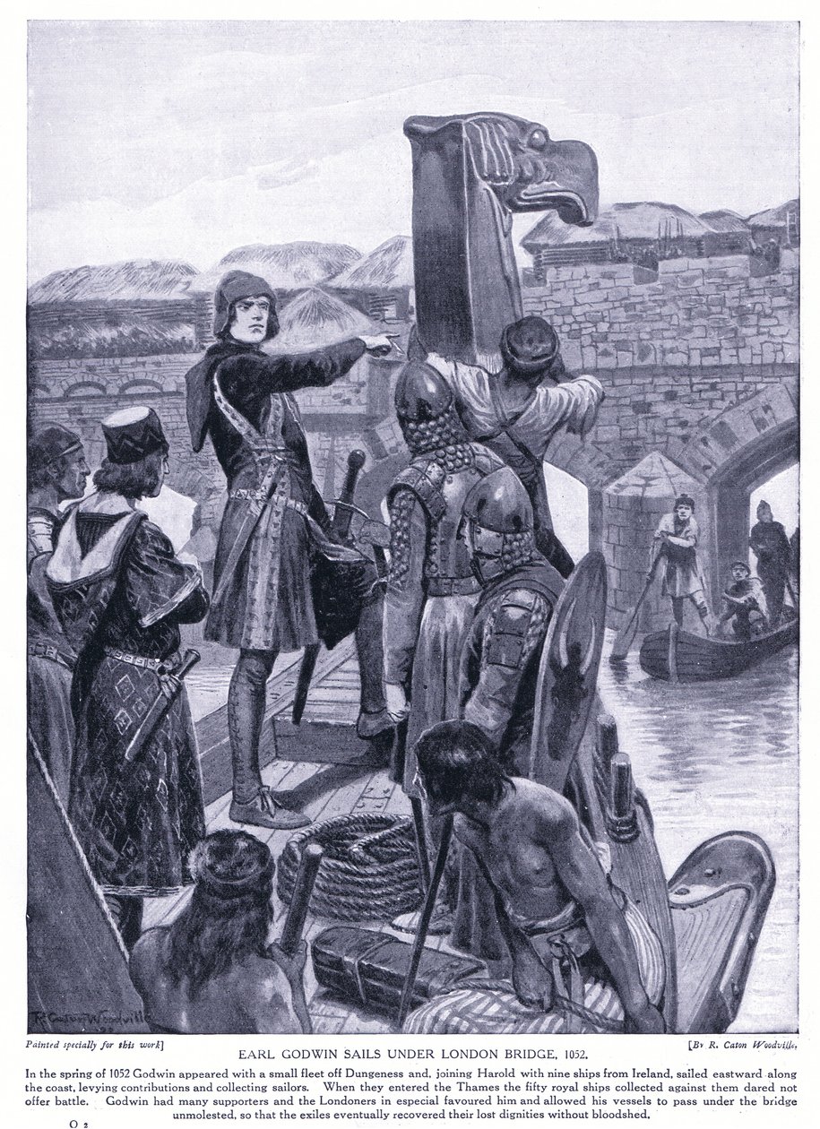 Earl Godwin seiler under London Bridge AD1025, 1920-tallet av Richard Caton Woodville junior