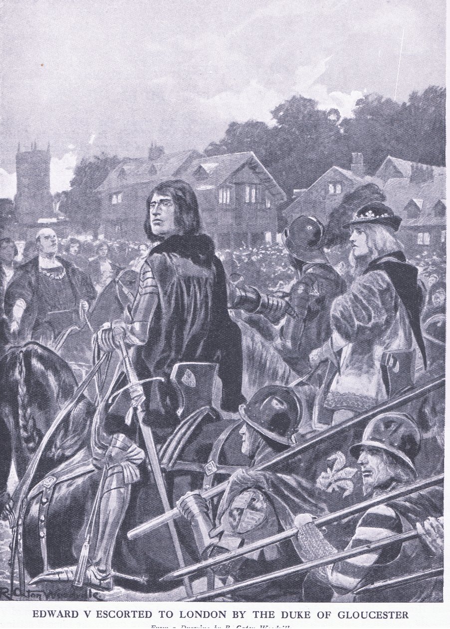 Edward V eskortert til London av hertugen av Gloucester, fra Cassells History of the British People utgitt av Waverley Book Company Limited, ca. 1940 av Richard Caton Woodville junior