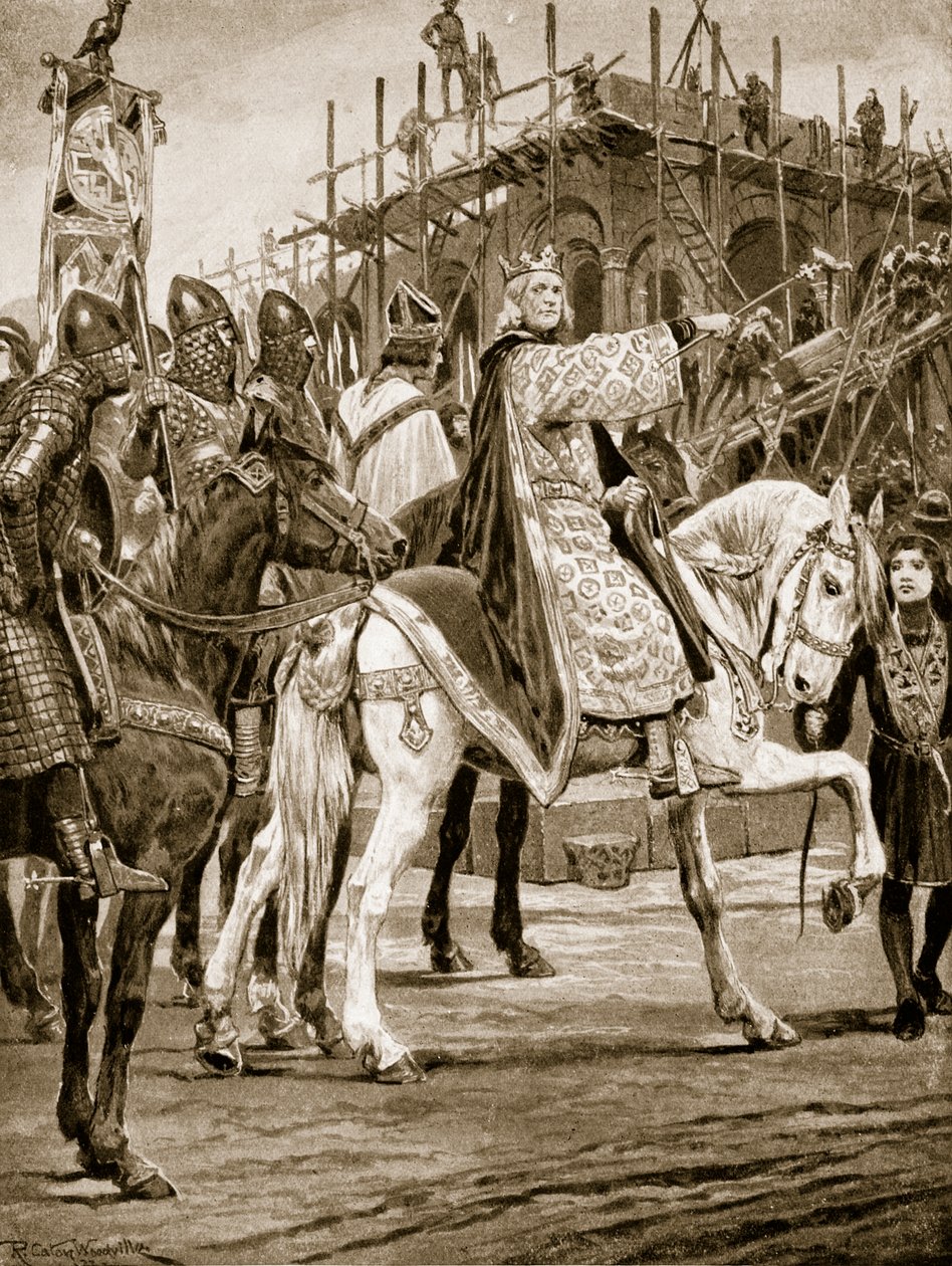 Edward the Confessor ser på bygningen av Westminster Abbey, den første normanniske kirken som ble reist i England, illustrasjon fra 