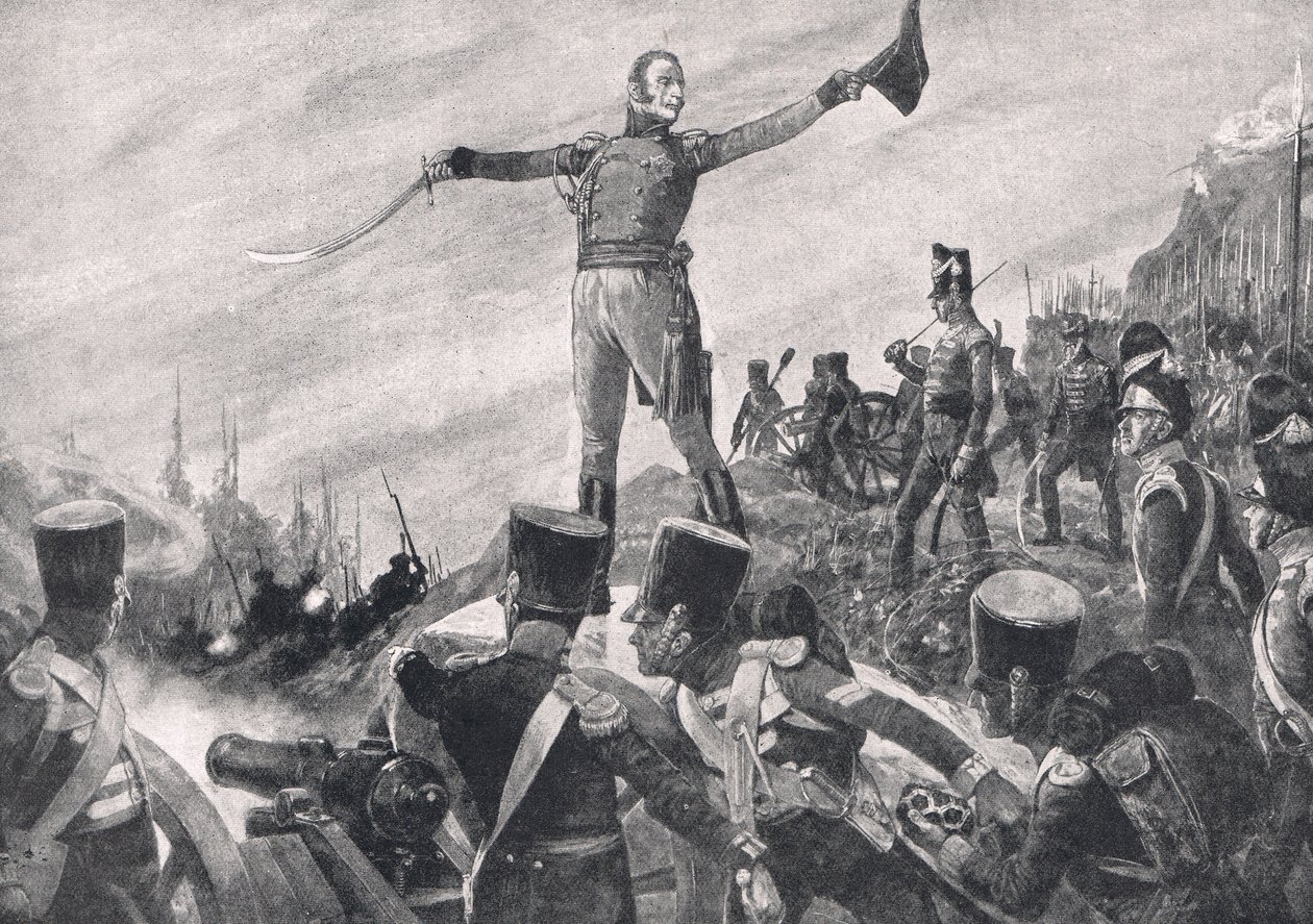 General Crawford gir kommandoen for at 43. og 52. regiment skal rykke frem, illustrasjon fra 'British Battle on Land and Sea', utgitt av Cassell, London, ca. 1910 av Richard Caton Woodville junior