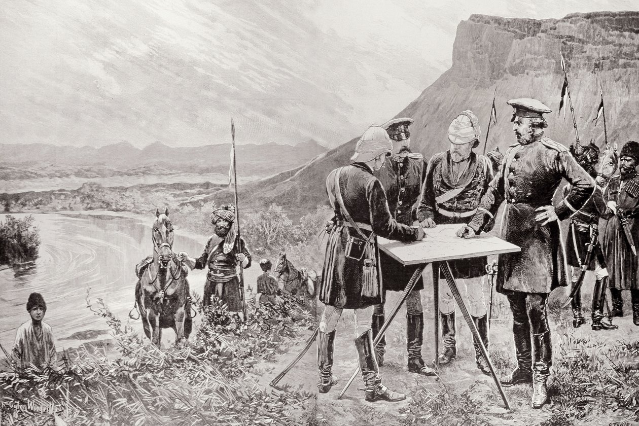 Den afghanske grensekommisjonen: De russiske og britiske kommisjonærene ved Zulfikar, Fixing the Site of the First Boundary Post, 12. november, gravert av R. Taylor, fra 