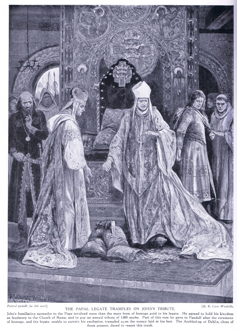 Den pavelige legaten tråkker på Johns hyllest AD1213, 1920-tallet av Richard Caton Woodville junior