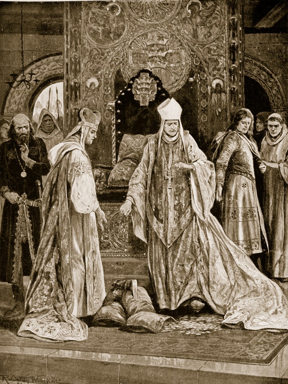 Den pavelige legaten tråkker på John's Tribute, illustrasjon fra 'Hutchinson's Story of the British Nation', ca. 1920 av Richard Caton Woodville junior