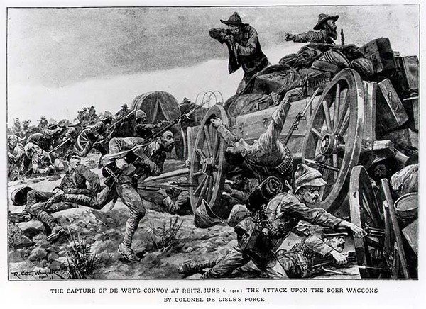 Capture of de Wets Convoy ved Reitz, 6. juni 1901. Angrepet på boervognene av oberst de Lisles Force av Richard Caton II Woodville