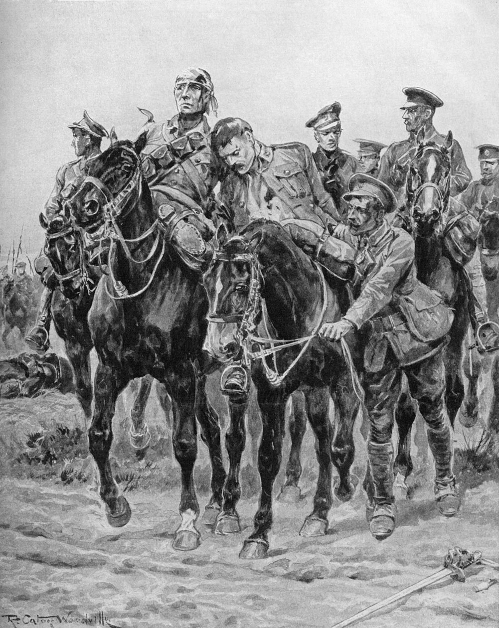 WWI - Sårede britiske soldater på hesteryggen av Richard Caton II Woodville