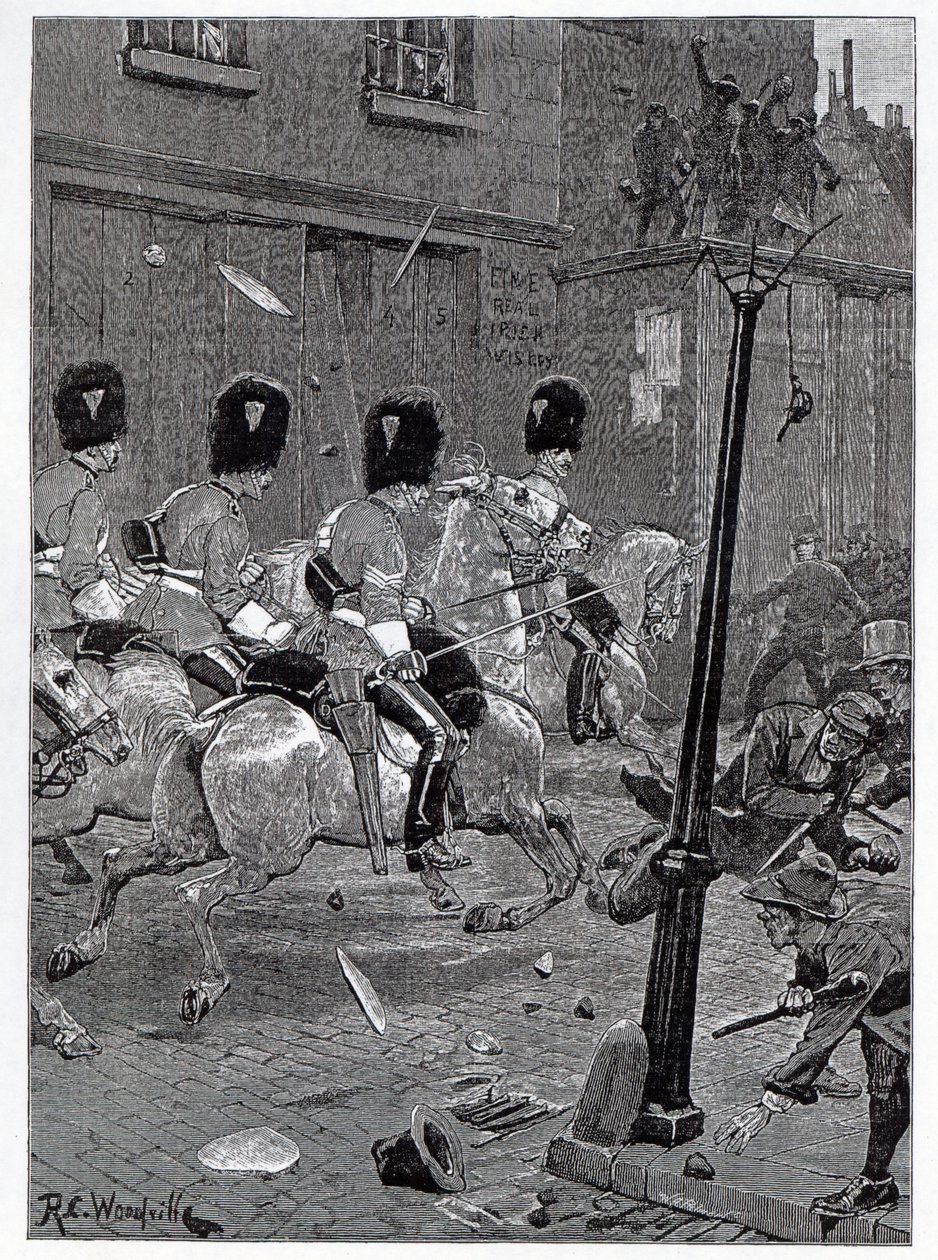The Irish Land League Agitation: Scots Greys anklager mobben ved Limerick, illustrasjon fra 
