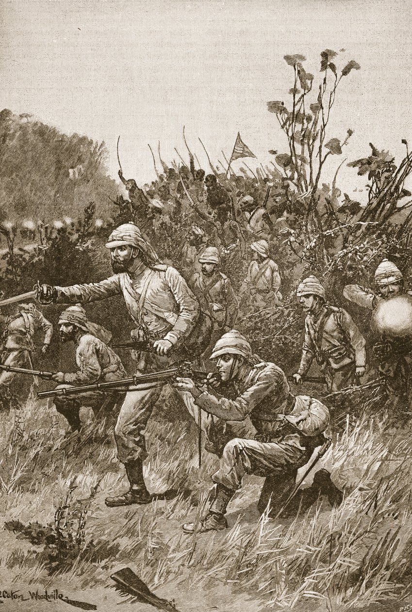 'The bonny men led the advance', illustrasjon fra 'Battles of the Nineteenth Century' av Archibald Forbes, GA Henty og major Arthur Griffiths av Richard Caton Woodville