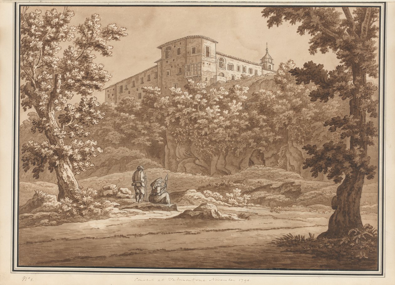 Kloster i Valmontone, fra et volum med 66 visninger hentet fra naturen i nabolaget Roma og Abruzzo, november 1790 (penn- og blekkvask på papir) av Richard Colt Hoare