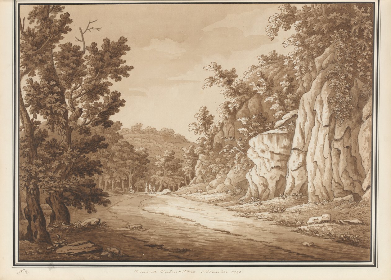 Utsikt ved Valmontone, fra et volum på 66 utsikter hentet fra naturen i nabolaget Roma og Abruzzo, november 1790 (penn- og blekkvask på papir) av Richard Colt Hoare