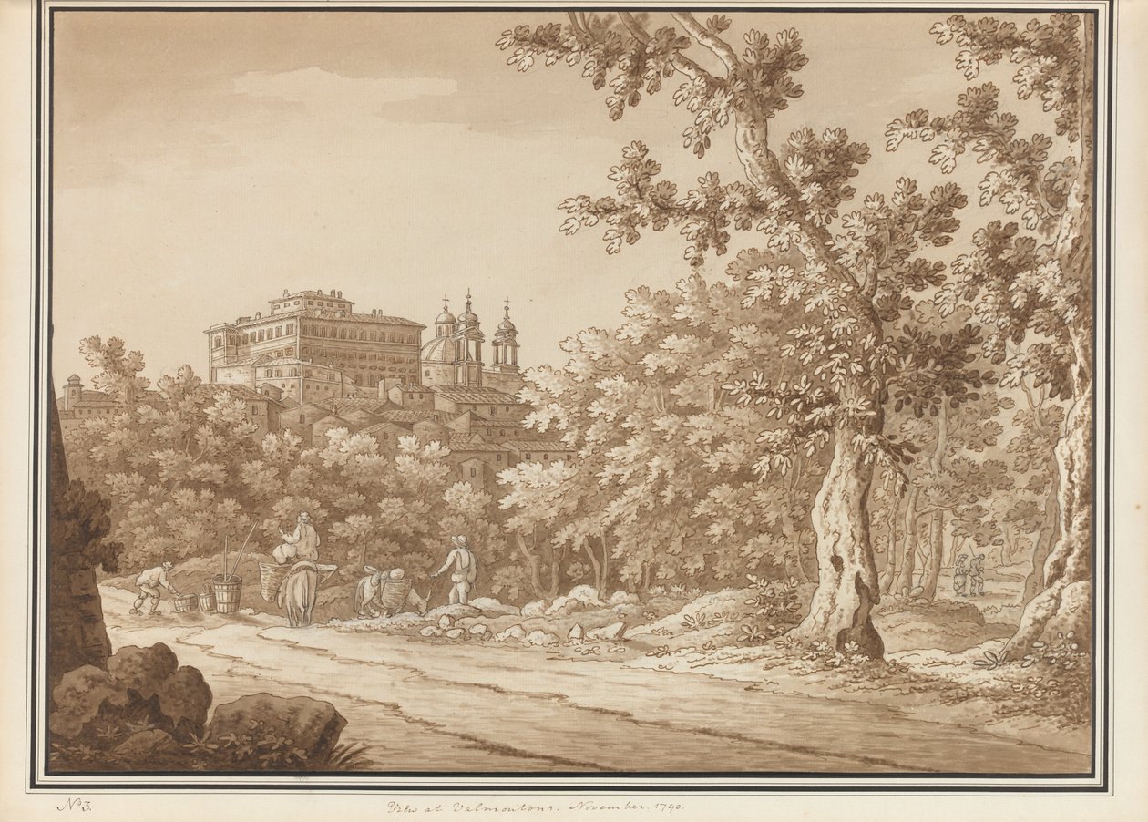 Utsikt ved Valmontone, fra et volum på 66 utsikter hentet fra naturen i nabolaget Roma og Abruzzo, november 1790 (penn- og blekkvask på papir) av Richard Colt Hoare