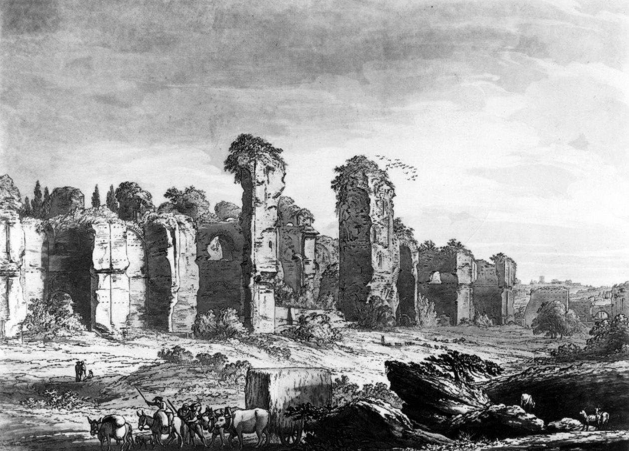 Utsikt over restene av Caracallas bad, hentet fra jesuittens hage, Roma, ca. 1778 (akvatint) av Richard, the Elder Cooper