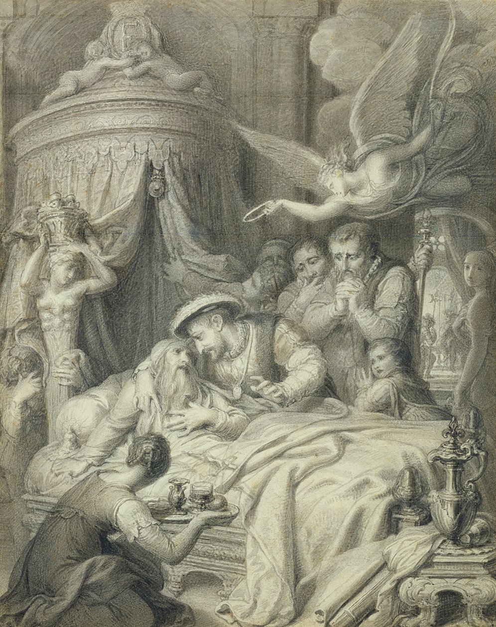 Leonardos død i 1519 (blyant, blekk og vask på papir) av Richard Cosway