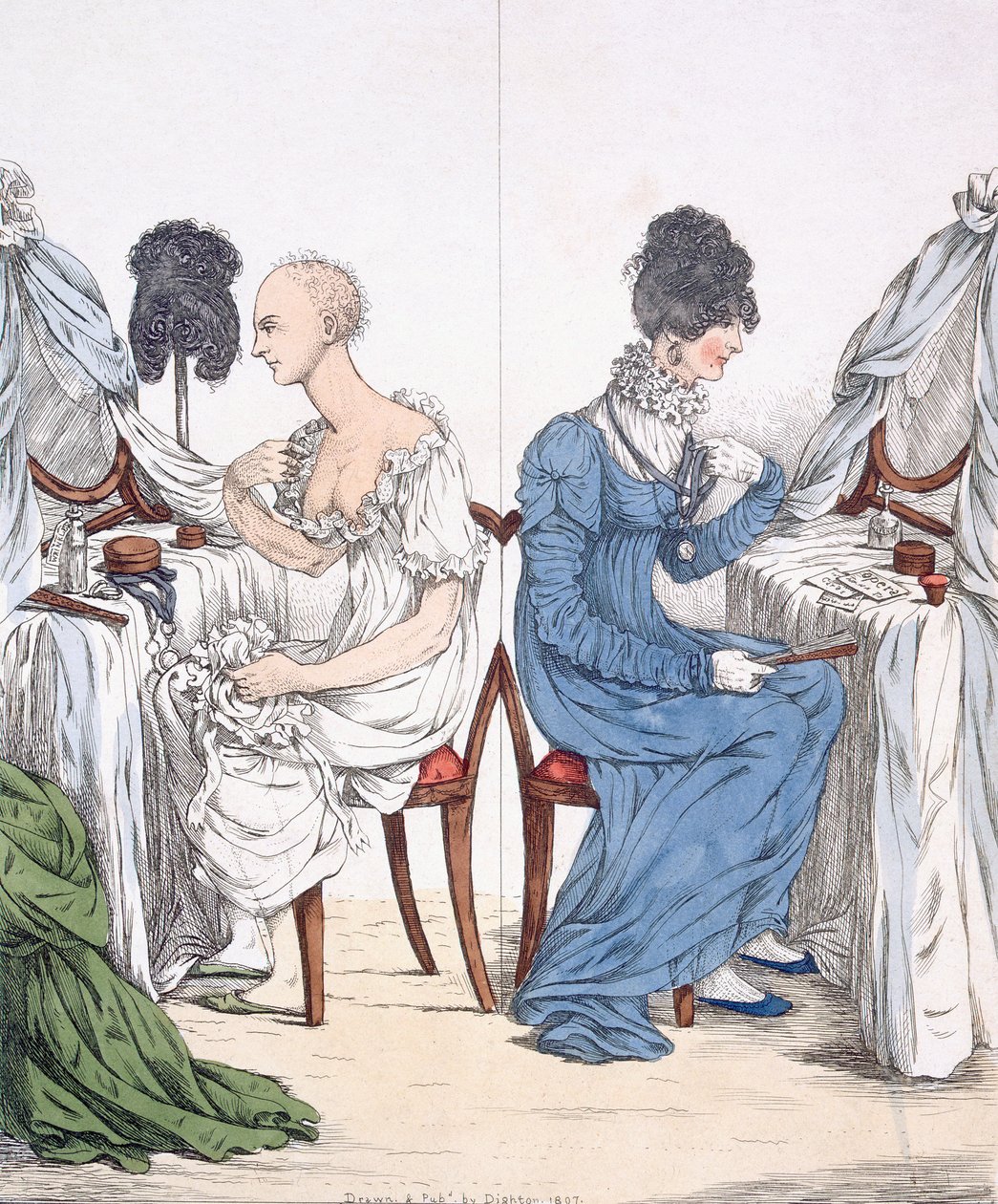 En fasjonabel dame, pub. 1807 (farget etsning) 88:A Regency Belle uten parykk og kjole; av Richard Dighton