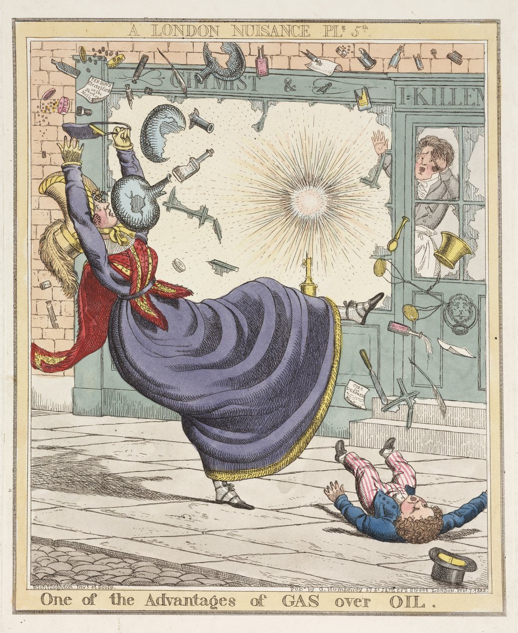 En av fordelene med Gas Over Oil, plate 5 fra A London Nuisance, 1822 (håndfarget etsning) av Richard Dighton