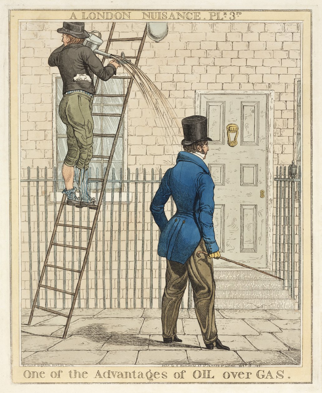 En av fordelene med Oil Over Gas, plate 3 fra A London Nuisance, 1821 (håndfarget etsning) av Richard Dighton