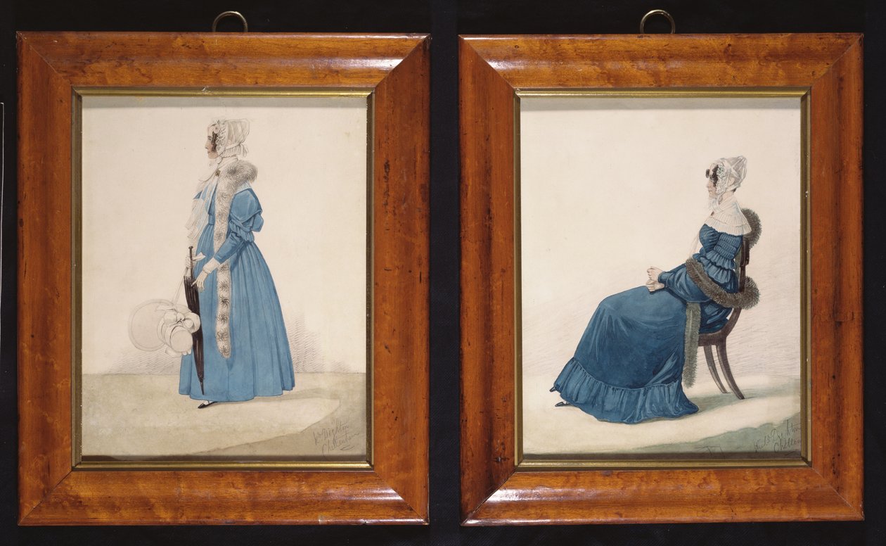 To portretter av en sittende og en stående dame i blå kjoler, ca. 1830 (wc og blyant på papir) av Richard Dighton