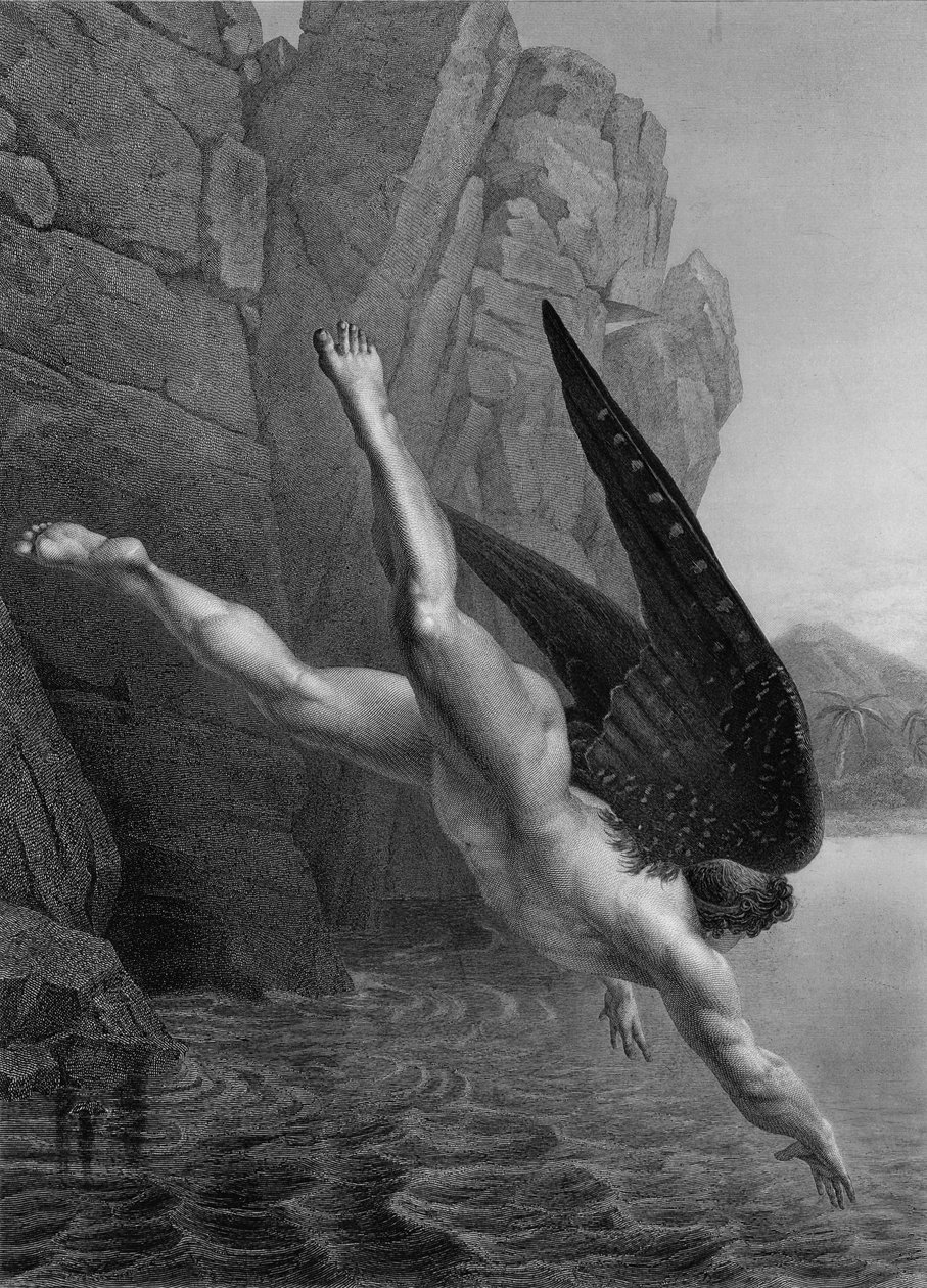 Satan stuper i elven Styx, fra en fransk utgave av "Paradise Lost" av John Milton (1608-74) gravert av Darodes, utgitt 1868 av Richard Edmond Flatters