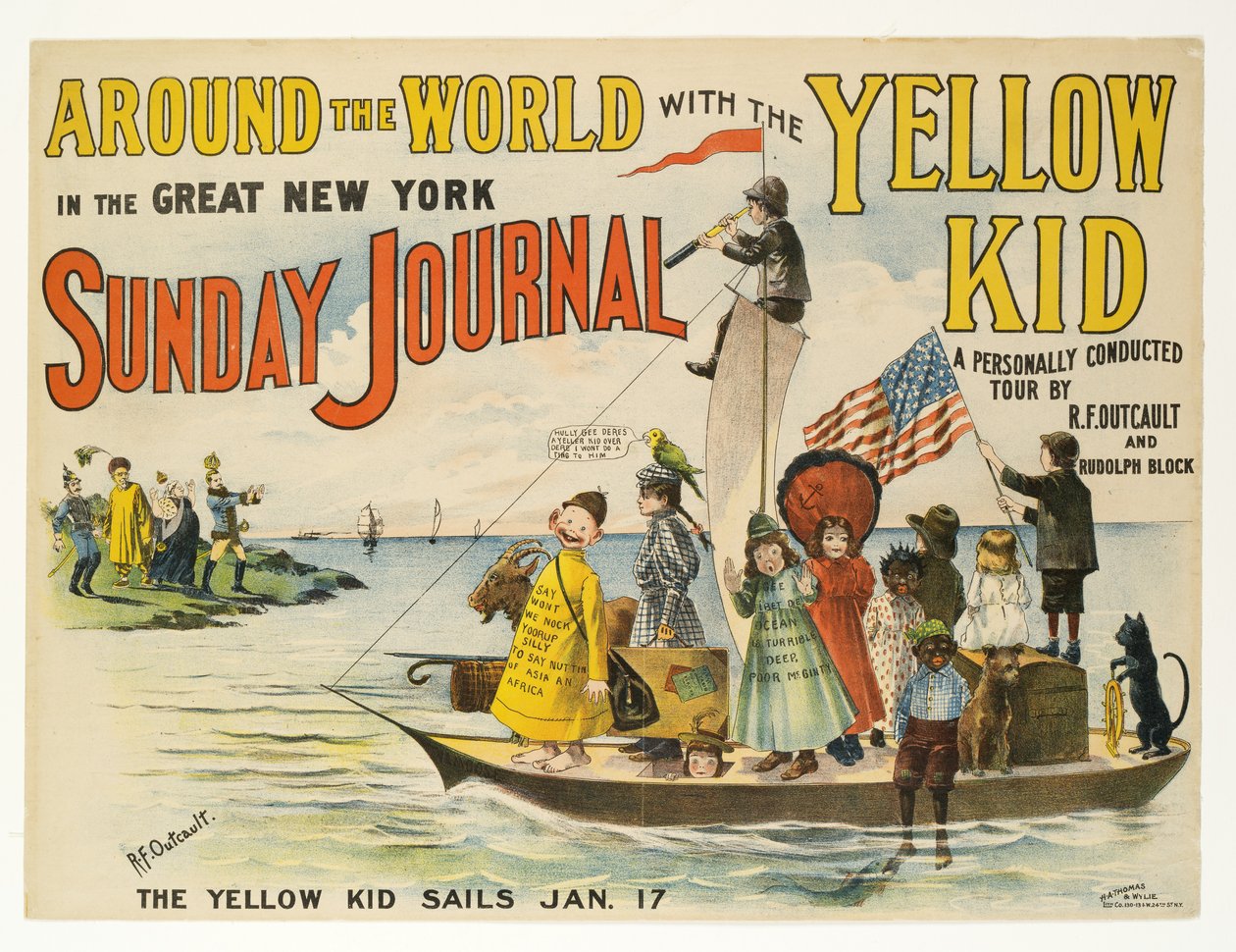 Around the World with the Yellow Kid, 1897 farge litho av Richard Felton Outcault