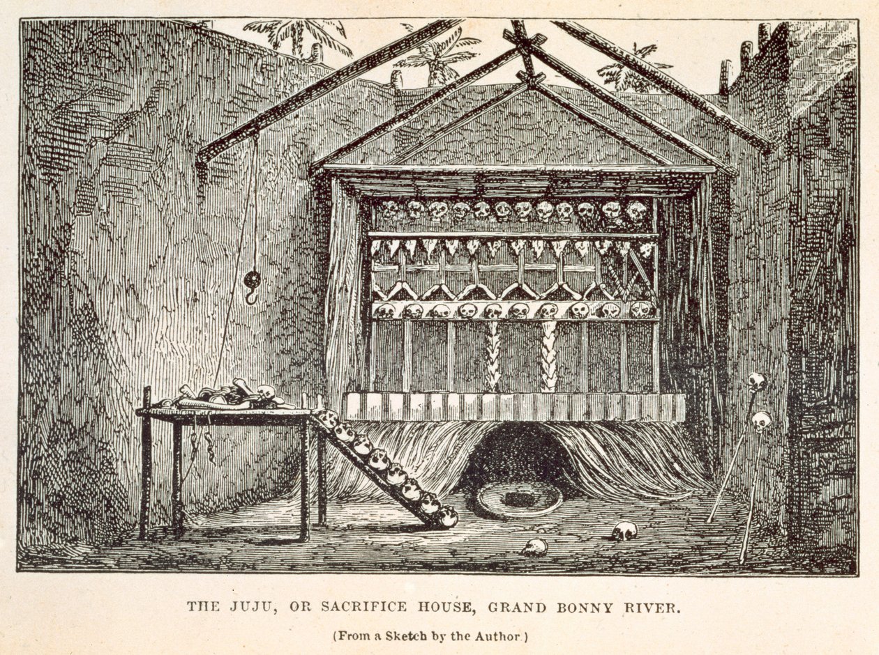 The Juju, eller Sacrifice House, Grand Bonny River, fra 'Vandrings i Vest-Afrika fra Liverpool til Fernando Po', av Richard F. Burton, gravert av Tinsley Brothers, 1863 av Richard Francis Burton