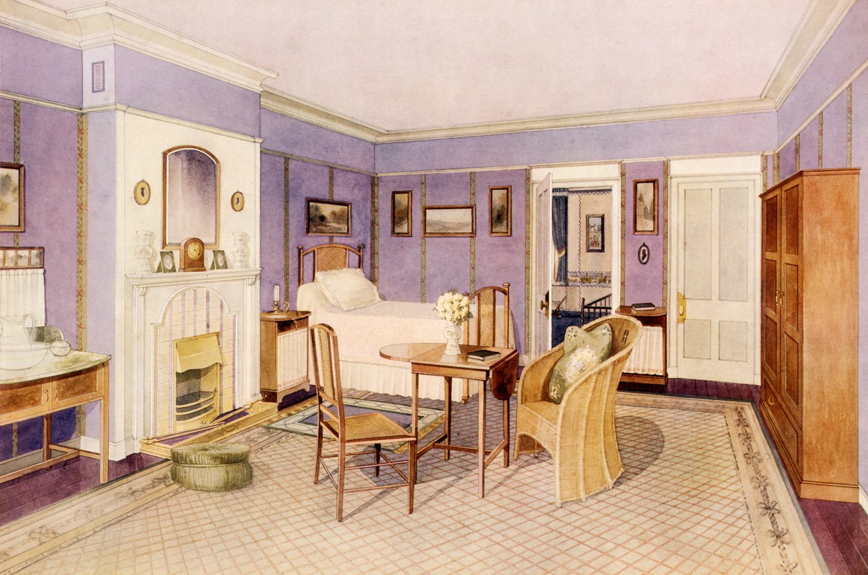 Design for interiøret i et soverom, tidlig på 1900-tallet (wc og blyant på papir) av Richard Goulburn Lovell