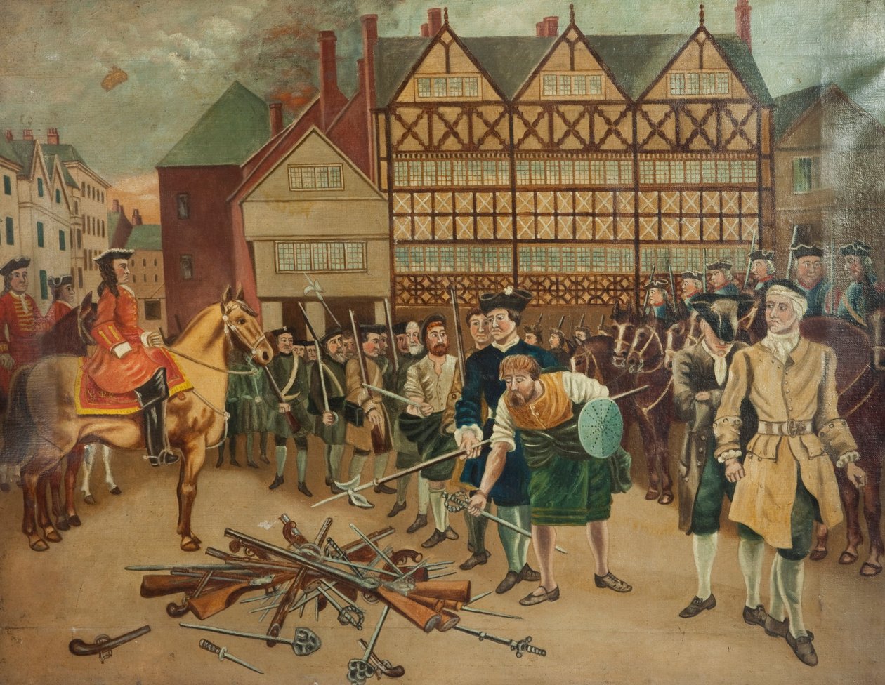 Jacobite tropper overgir våpnene sine til generaltestamenter i Preston Market Place i 1715 av Richard Holmes