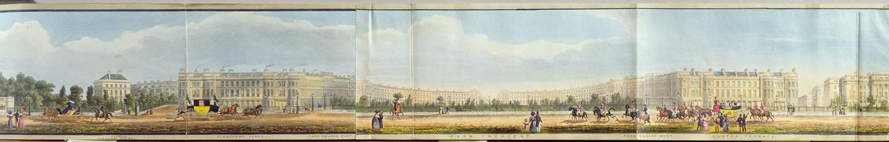 St. Andrew's Place, Park Crescent og Ulster Terrace, detalj fra 'A Panoramic View round the Regent's Park', pub. av Ackermann, 1831 (akvatint) av Richard Morris