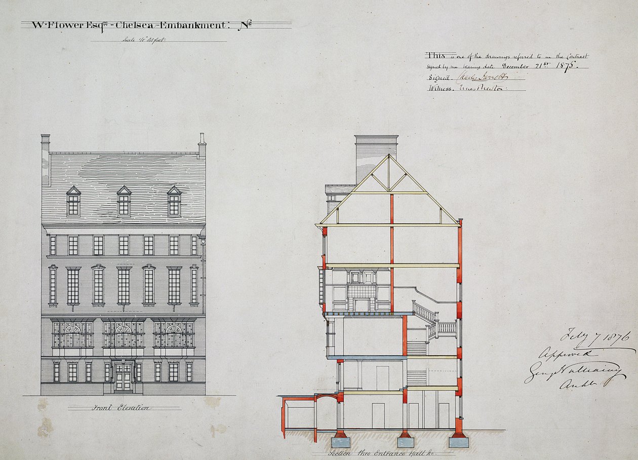 Design for et hus for W. Flower Esq, Chelsea Embankment, London, 1876 (penn & blekk & wc på papir) av Richard Norman Shaw