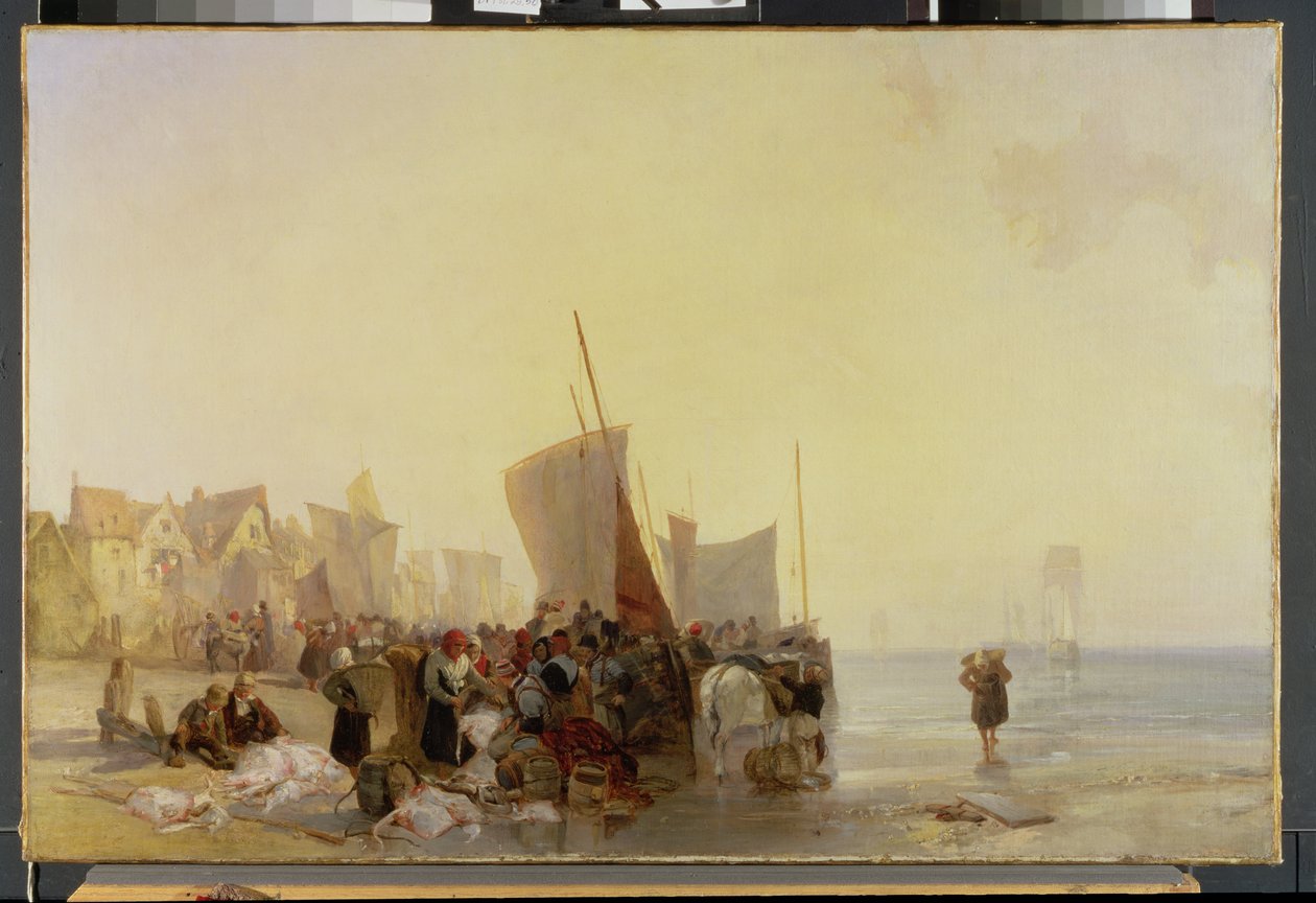 Et fiskemarked nær Boulogne, ca. 1824 av Richard Parkes Bonington