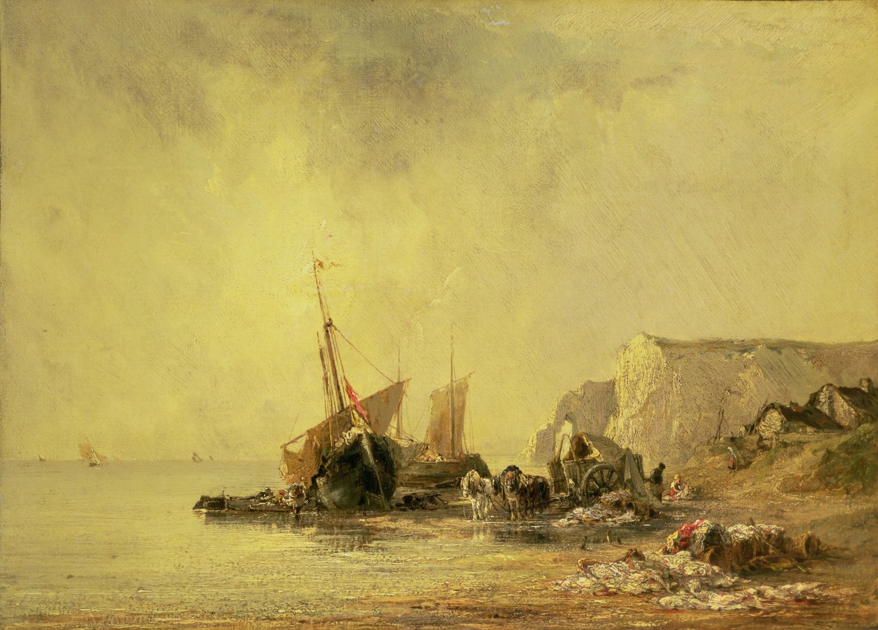 Båter ved Normandie-kysten, ca. 1823 av Richard Parkes Bonington
