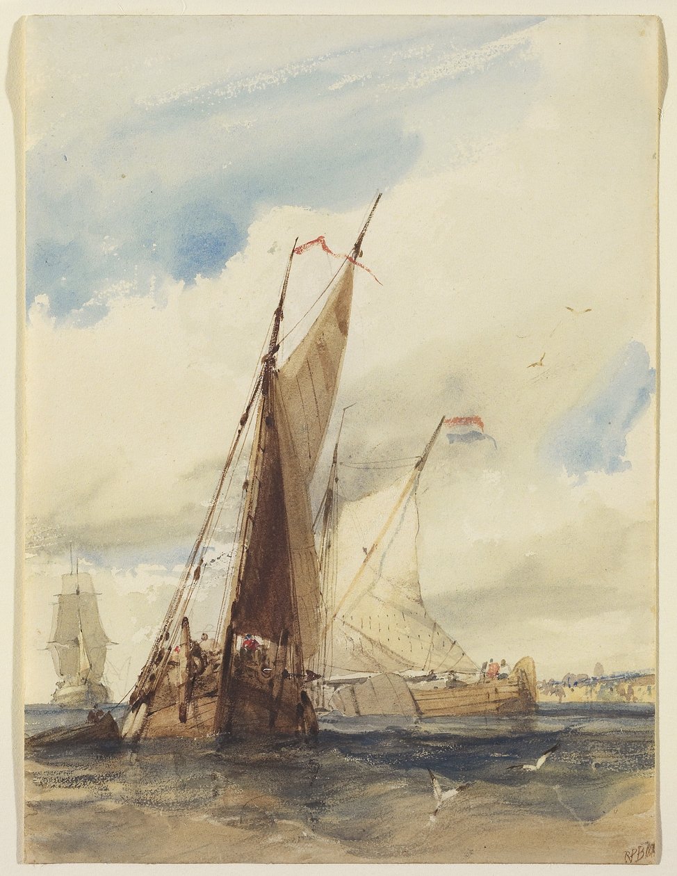 Nederlandsk fiskefartøy nær den franske kysten, 1825 (wc over grafitt med utskraping på vevd papir) av Richard Parkes Bonington