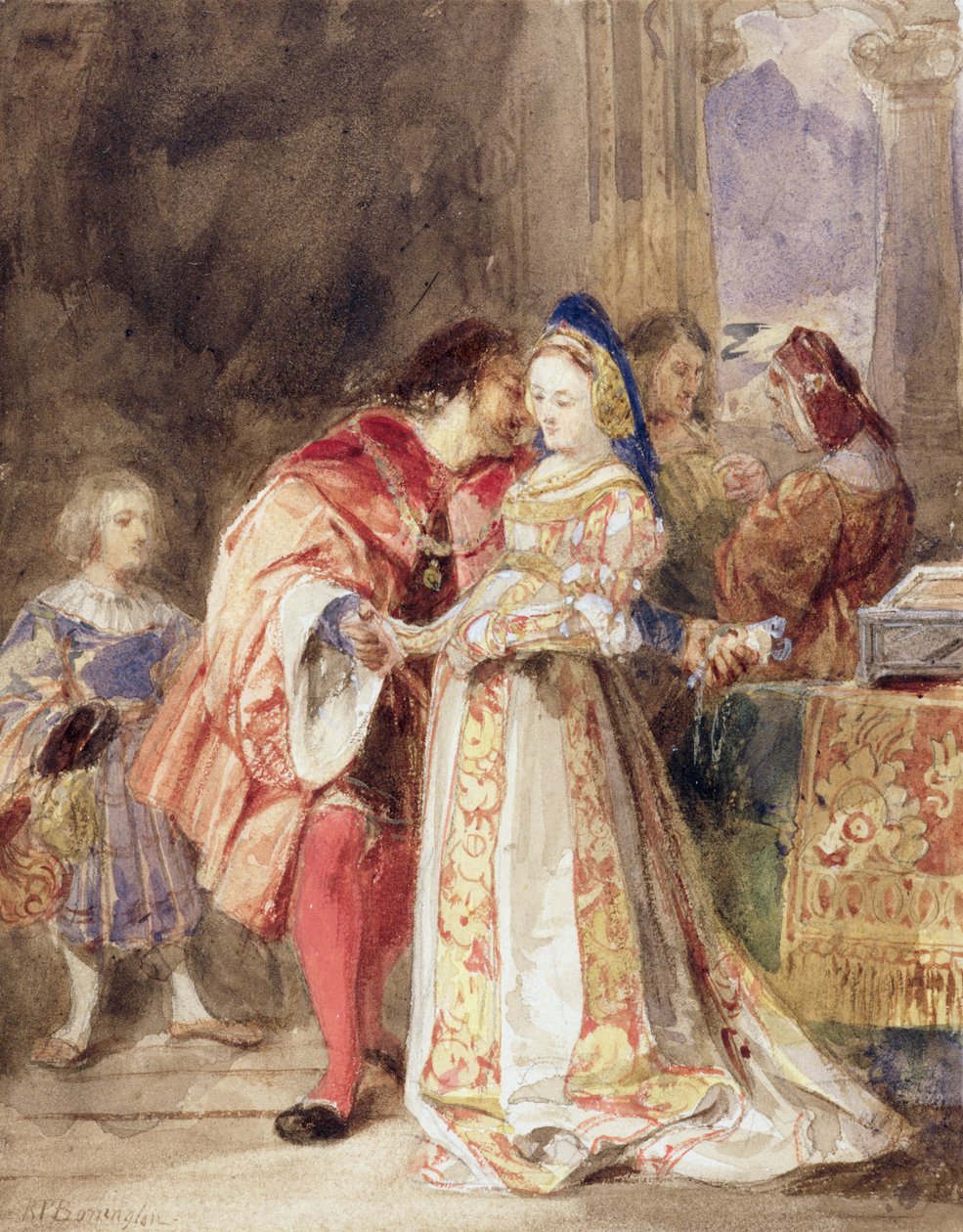 Portia og Bassanio, ca. 1826 (wc, brunt blekk, kroppsfarge og grafitt på papir) av Richard Parkes Bonington