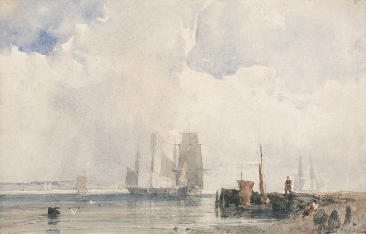 Frakt i en elvemunning, sannsynligvis i nærheten av Quillebeuf av Richard Parkes Bonington