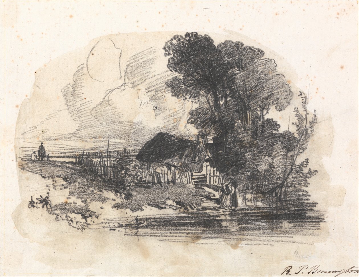 Trær og en hytte ved en elv av Richard Parkes Bonington