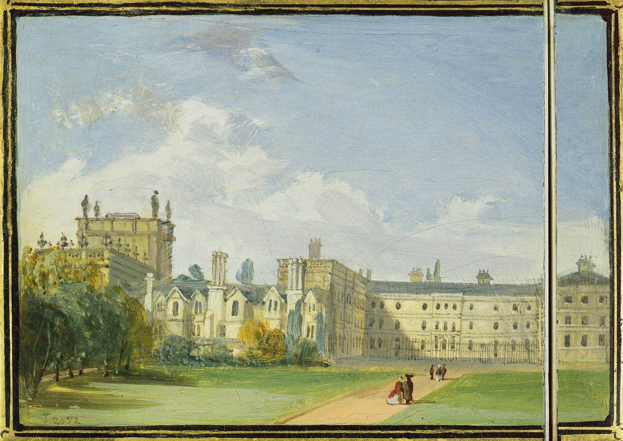 Viktoriansk kortveske malt med utsikt bakfra av Trinity College Gardens, Oxford (papier mache) av Richard Phene and Benjamin W. Spiers