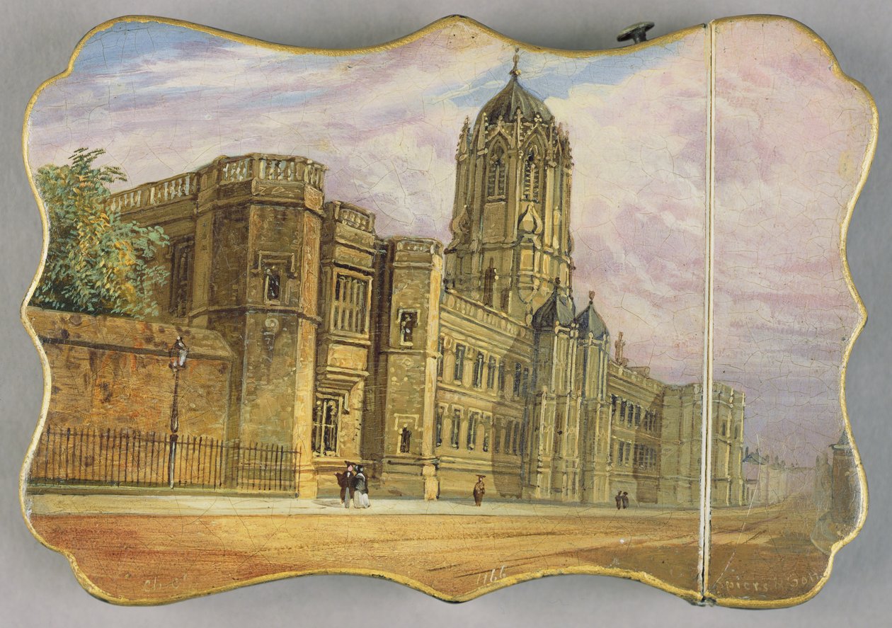 Viktoriansk kortveske, med en scene av Christ Church, Oxford og Tom Tower (papier mache) av Richard Phene and Benjamin W. Spiers