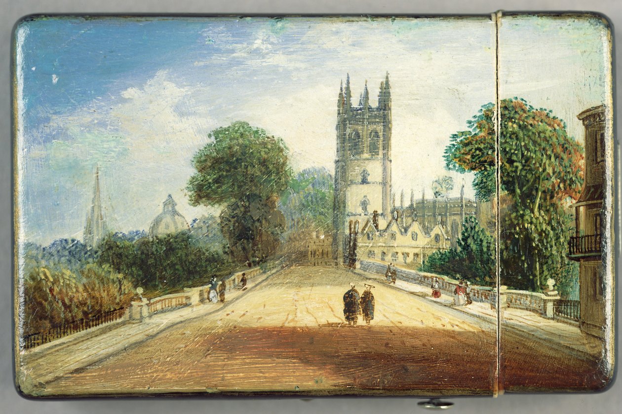 Viktoriansk kortveske, med en scene fra Magdalen College, Oxford (papier mache) (se 256309 for bakside) av Richard Phene and Benjamin W. Spiers