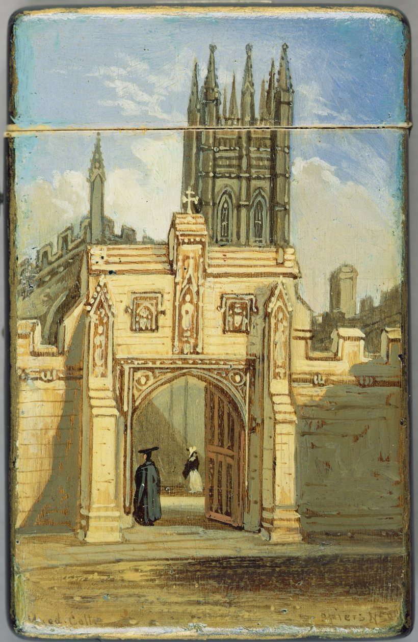 Viktoriansk kortveske, med en scene fra Magdalen College, Oxford (papier mache) (se 256310 for bakside) av Richard Phene and Benjamin W. Spiers