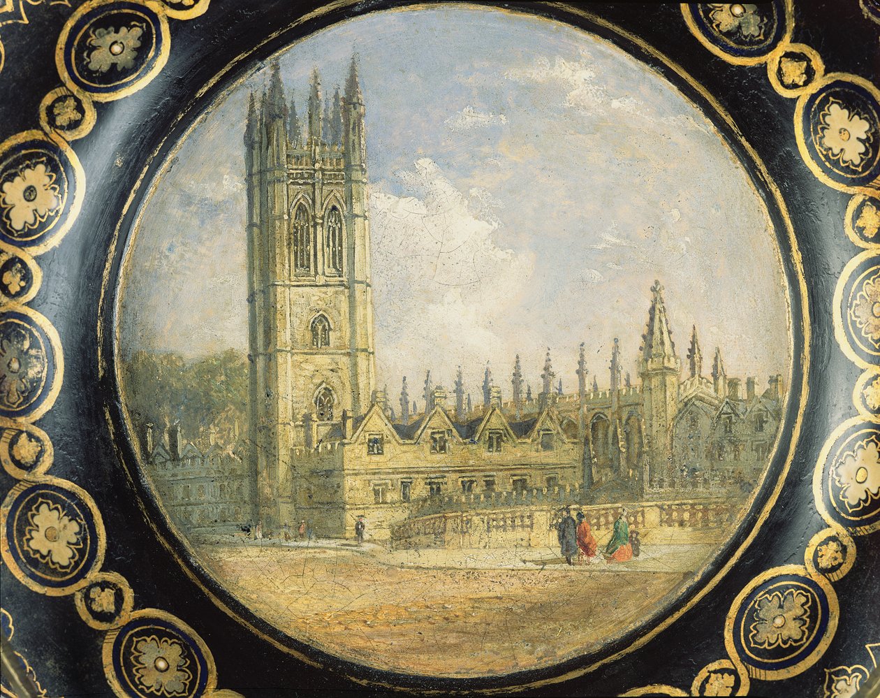 Viktoriansk kortbrett dekorert med en scene fra Magdalen College, Oxford (papier mache) av Richard Phene and Benjamin W. Spiers