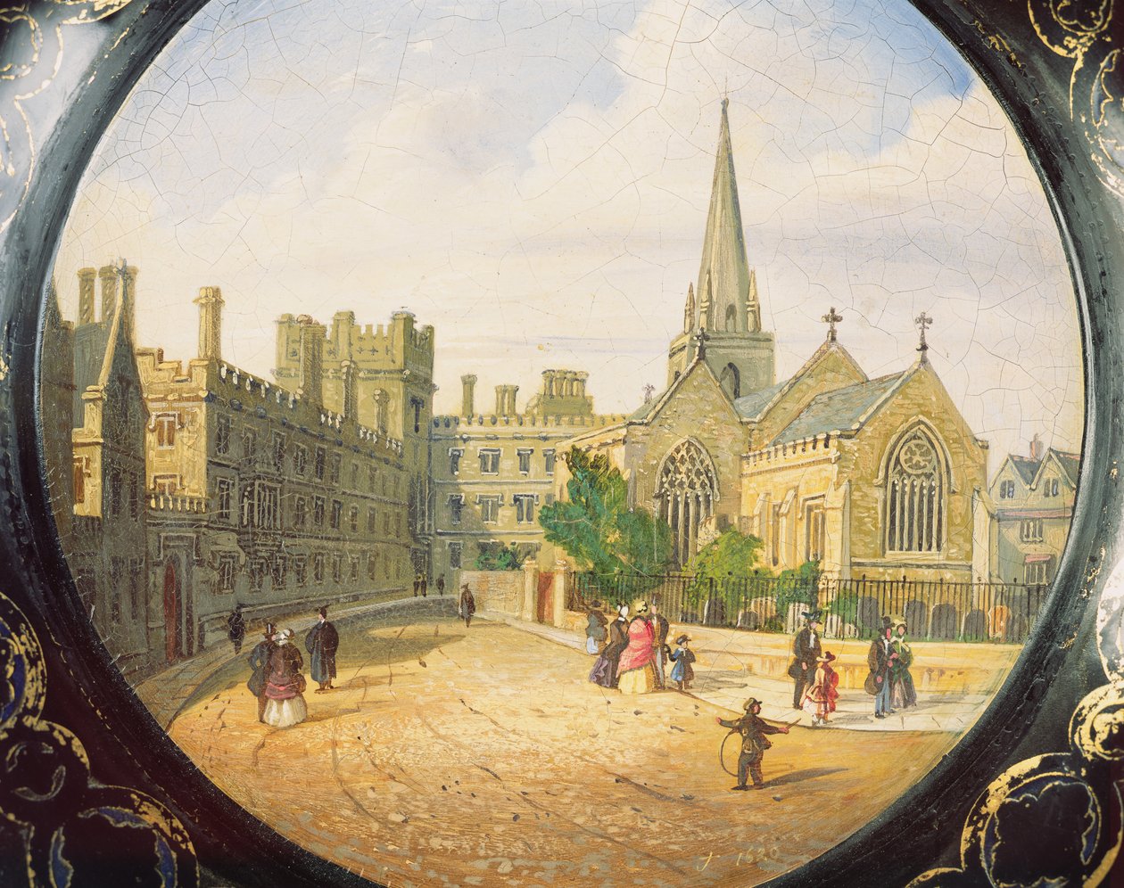 Viktoriansk kortbrett dekorert med en scene av Pembroke College, Oxford og St. Aldates kirke (papier mache) av Richard Phene and Benjamin W. Spiers