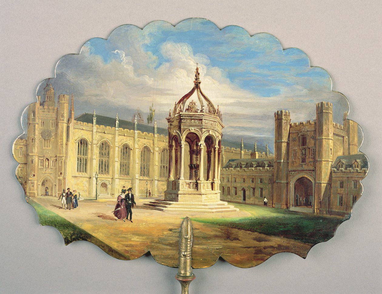 Viktoriansk skjerm, med en scene av fontenehodet i Trinity College's Great Court, Cambridge (papier mache) av Richard Phene and Benjamin W. Spiers