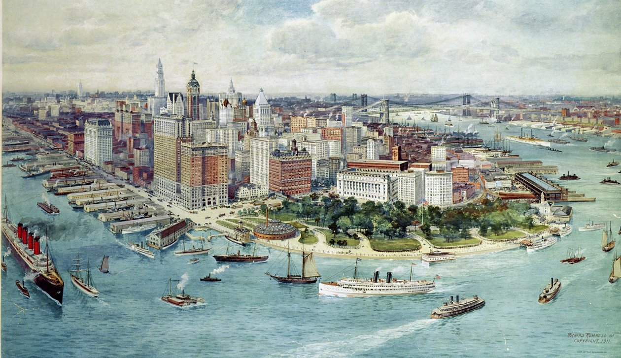 Et fugleperspektiv av Nedre Manhattan, 1911 av Richard Rummell