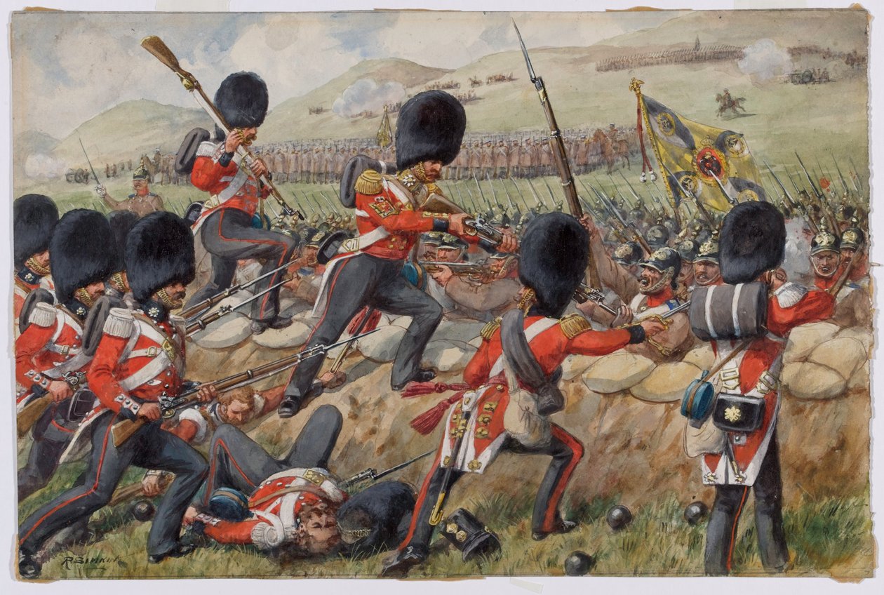 Detalj av de skotske Fusilier-gardene nå Scots Guards i slaget ved Alma, Krim-krigen, 20. september 1854 wc på papir av Richard Simkin
