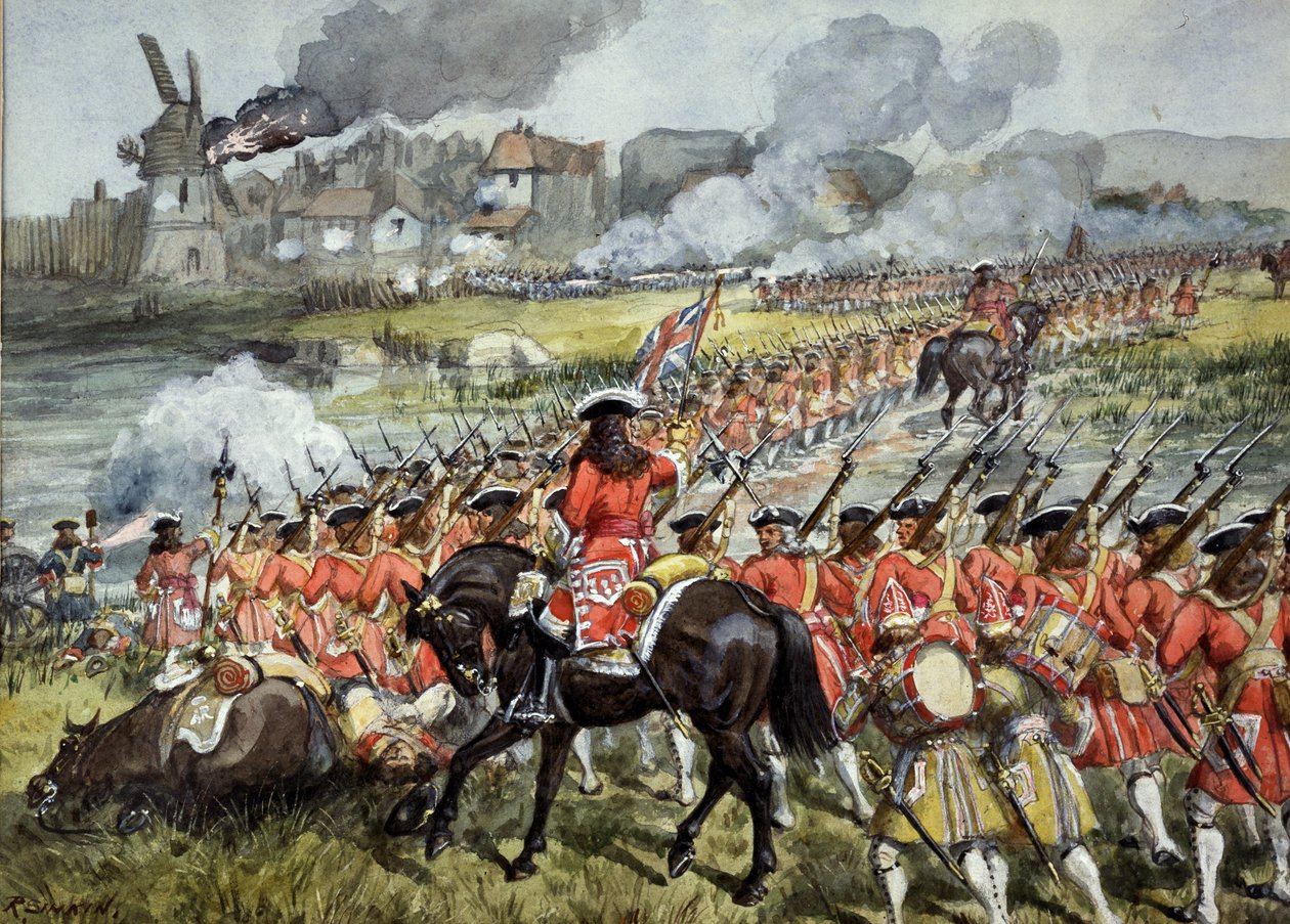 Det 16. fotregiment ved Blenheim, 13. august 1704, ca. 1900 av Richard Simkin