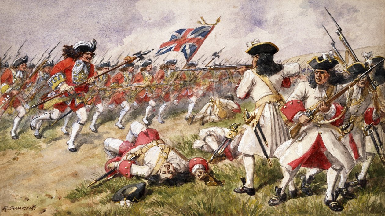 Slaget ved Ramillies, den 16. foten anklager det franske infanteriet, 1900 av Richard Simkin