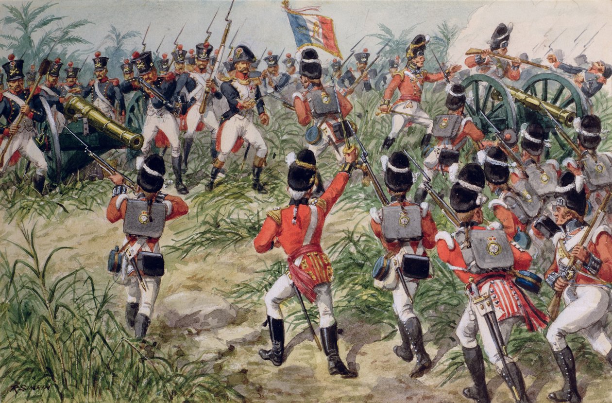 The Charge of the 7th Foot Royal Fusiliers, Martinique, 1. februar, 1809 av Richard Simkin