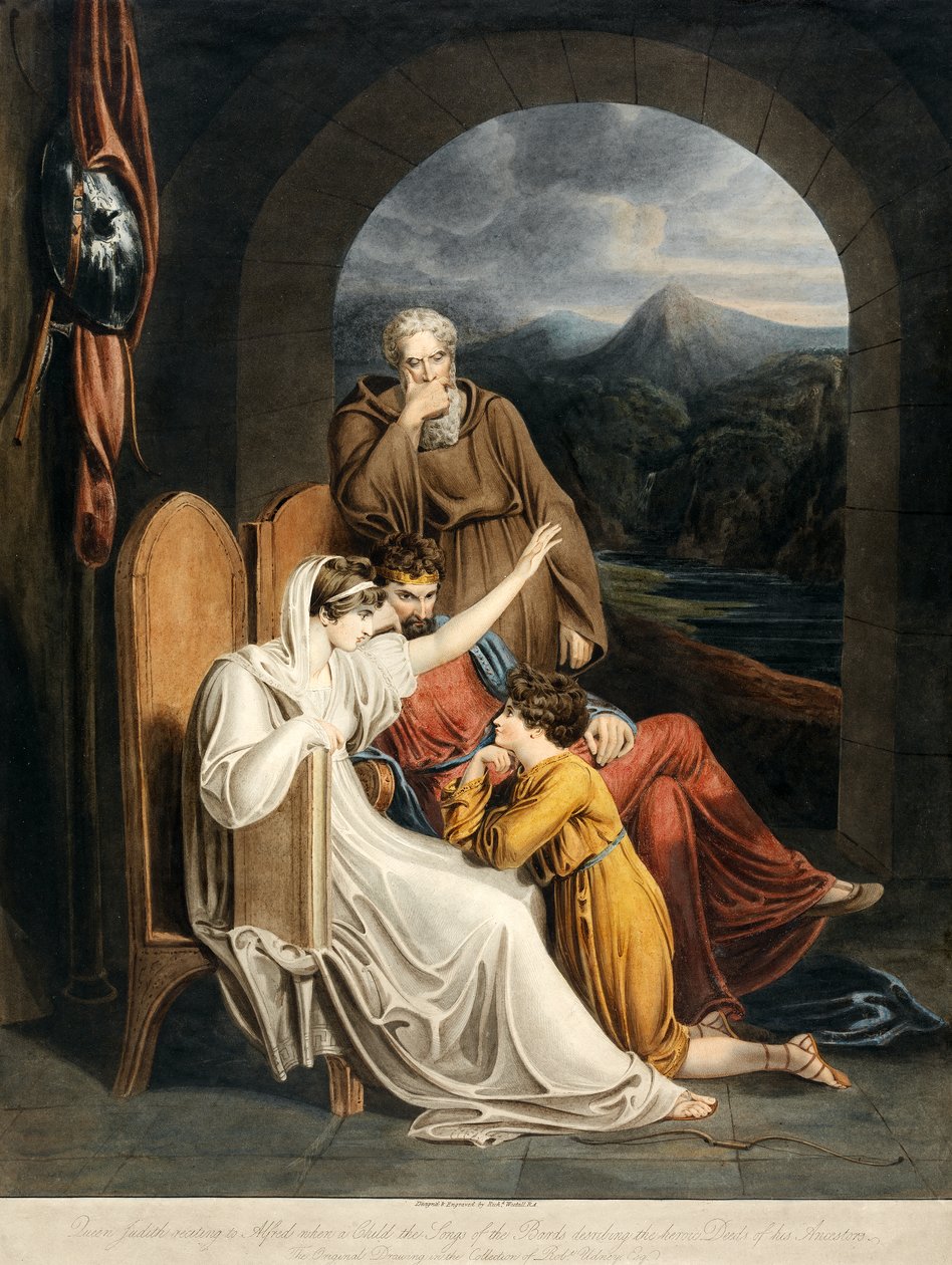 Dronning Judith resiterer for Alfred når et barn the Songs of the Bards som beskriver de heroiske gjerningene til puben hans Ancestors. 1801 av Richard Westall