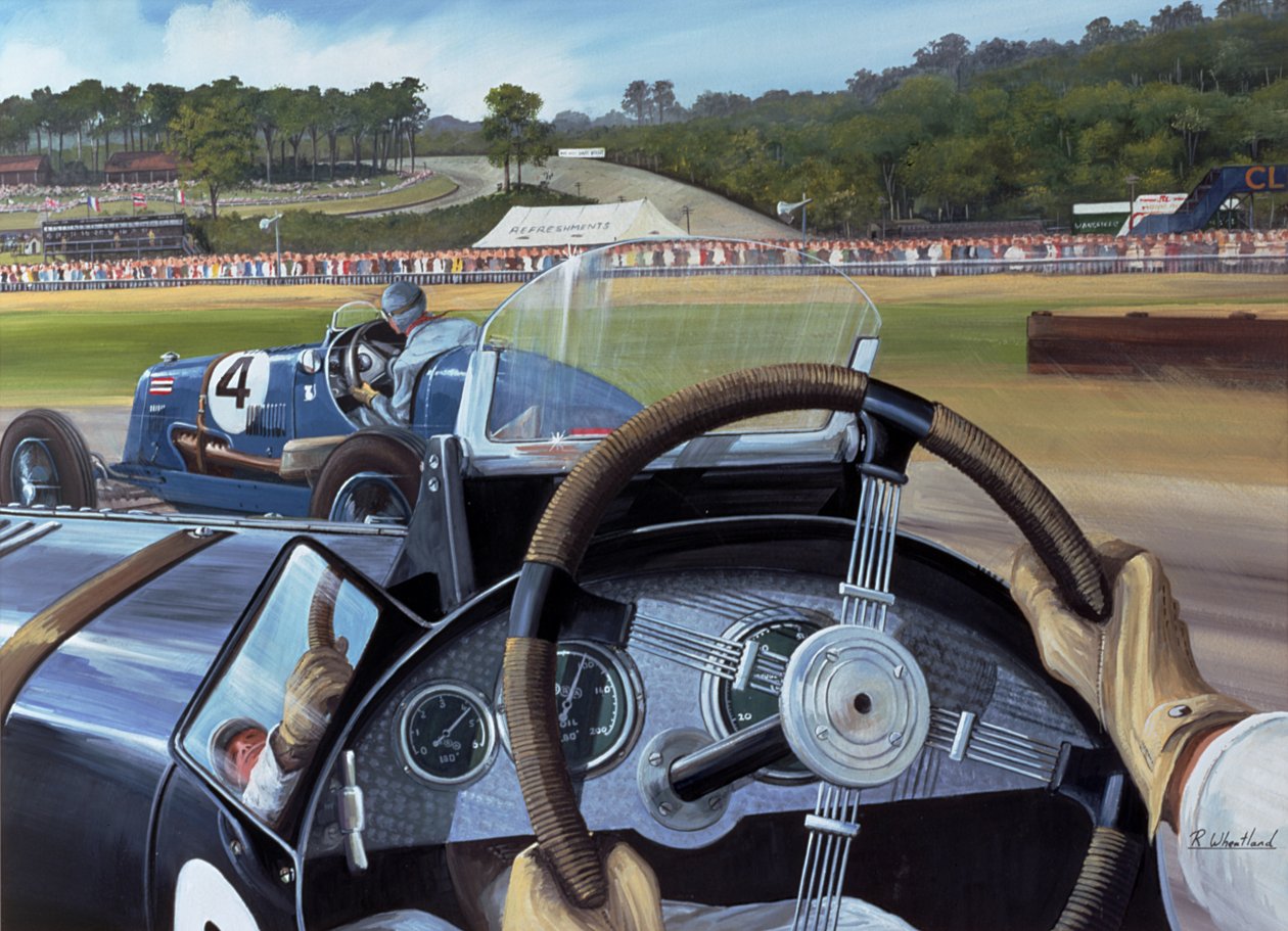 Brooklands - From the Hot Seat (wc og gouache på papir) av Richard Wheatland