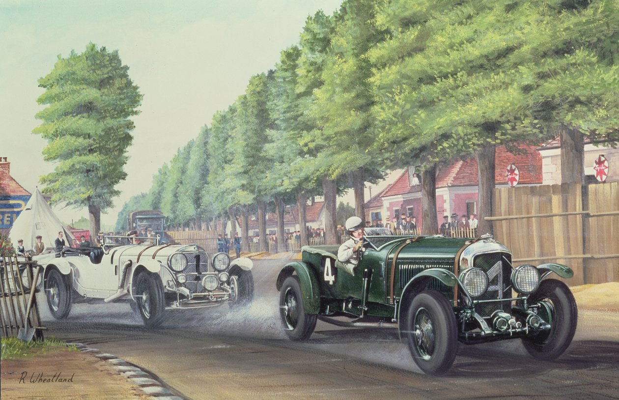 Duell på Pontlieu, Le Mans, 1930 (wc og gouache om bord) av Richard Wheatland